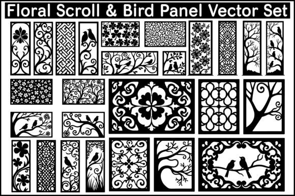 Floral Scroll Bird Panel Vector Set