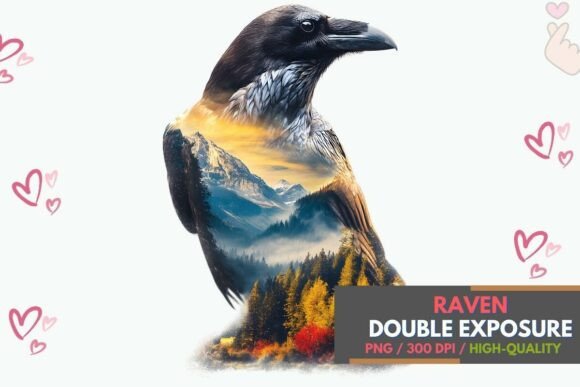 Raven Mountain Forest Double Exposure Art